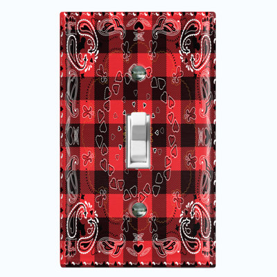 Metal Light Switch Plate Outlet Cover (Red Check Paisley Hearts Tile   - Single Toggle)