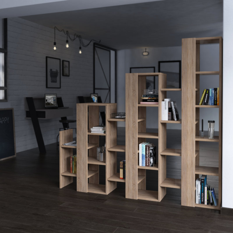 Modern Staircase Design Divider Bookcase with 21 Open Shelves, Oak