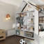 Lit simple en bois massif avec tiroirs et tablettes de rangement, blanc et ludique, fonctionnel et attrayant