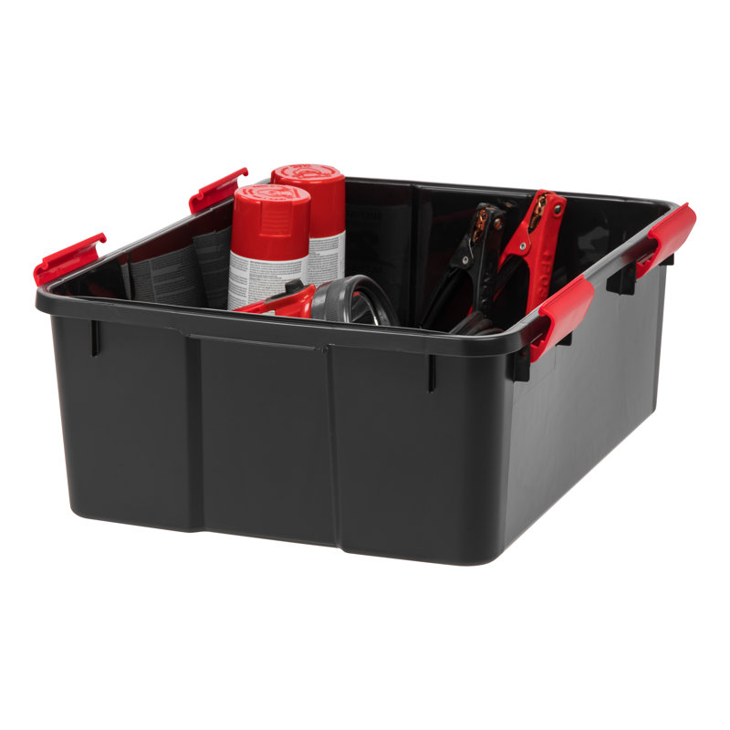 Black and Red Stackable WeatherPro Plastic Storage Bins with Lids, 19.7 in