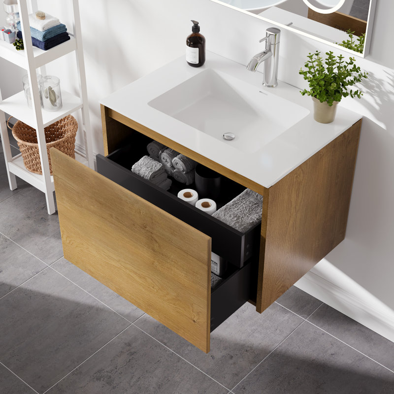 Meuble-lavabo mural en chêne l 20 po x P 19 po avec comptoir en acrylique blanc et lavabo intégré Albrechtice