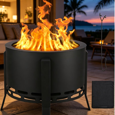 Foyer d'extérieur sans fumée de 26 pouces - extérieur avec foyer au bois avec flux d'air à 360 °, cendrier amovible et toile imperméable en bambou - foyer d'extérieur à basse fumée pour patio, camping et feu de camp.