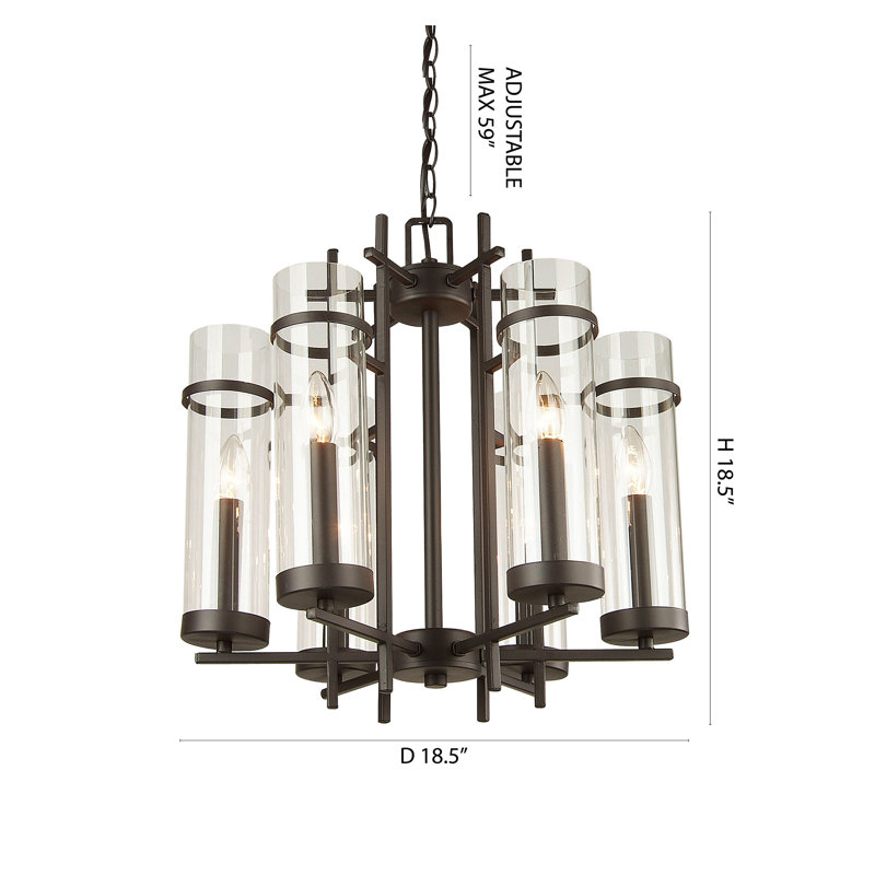 Lustre industriel brun à 6 lumières avec abat-jour en verre transparent