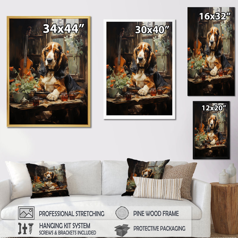 Basset hound Melody I sur toile, Cadre naturel flottant, H 32 po x l 16 po x P 1 po