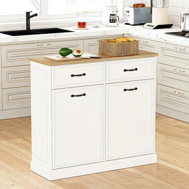 Armoire à ordures à double basculement double, rangement pour poubelle cachée à l'épreuve des animaux de compagnie de 20 gallons, organisateur autoportant moderne en bois blanc pour la cuisine et la lessive