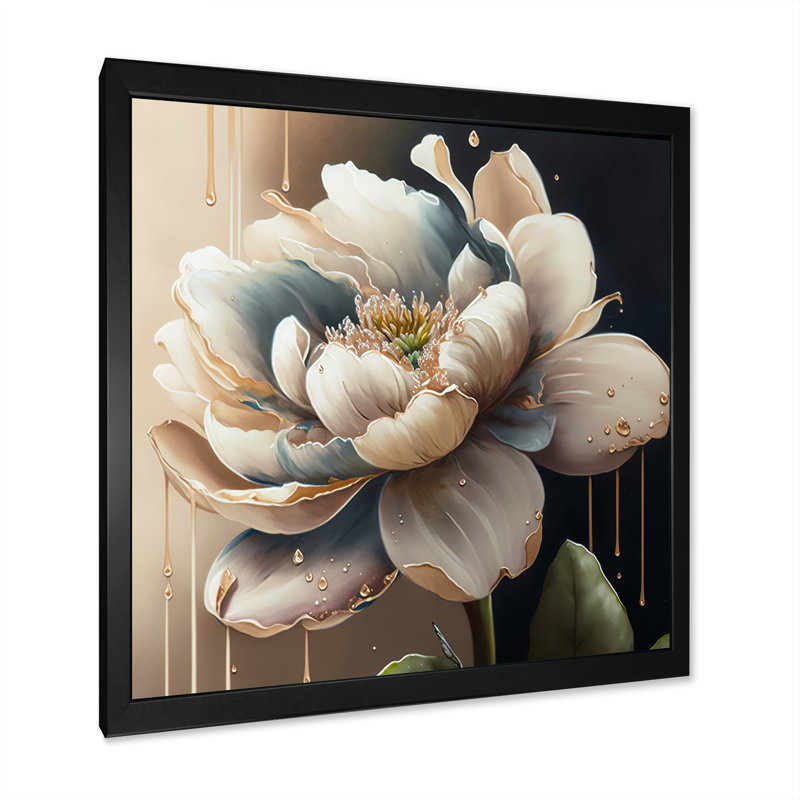 Jeanelle Cream White Flower - Print on Canvas, Black Picture Framed Canvas, 16" H x 16" W x 1" D