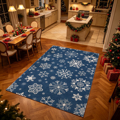 1PC Snowflake Pattern Area Rug Navy Blue Area Rugs Indoor Door Mat Small Rugs For Entryway Washable Floor Runner Rustic Rugs Living Room Entryway Kitchen Laundry