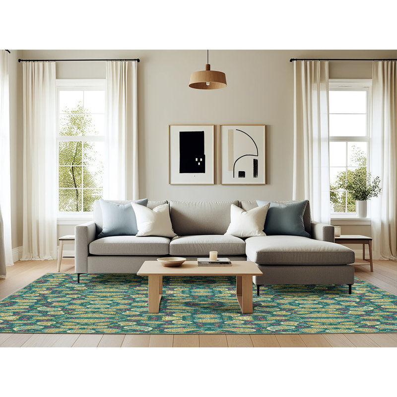 Tapis vert/beige tissé à la machine, Rectangle 6 pi x 9 pi