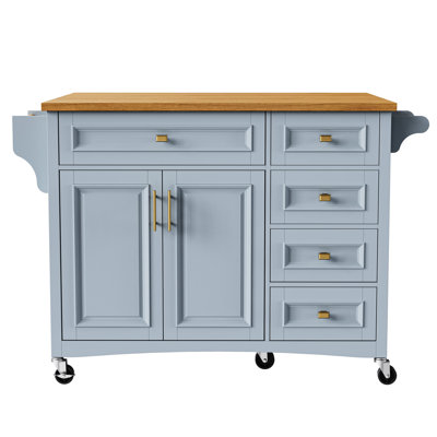 52'' Kitchen Island With Drop Leaf, Spice Rack, Towel 2 Doors, 5 Drawers, Adjustable Shelf, Oak Veneer Appearance, Blue Grey Wood Finish,