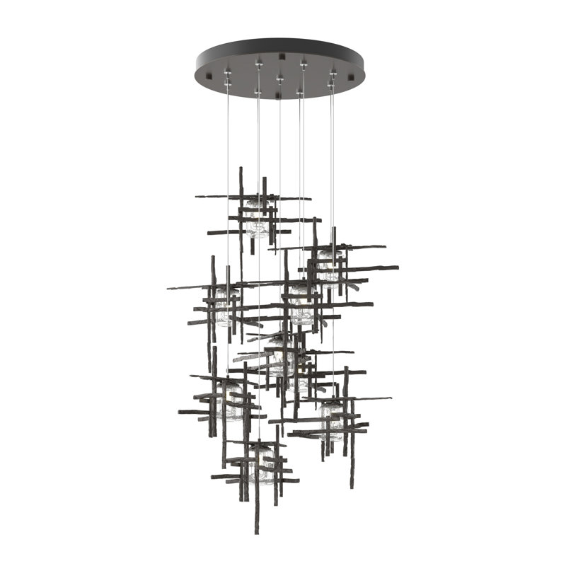 Tura 9-Light Glass Round Pendant, Seeded Clear, Oil Rubbed Bronze, 30" - 80"