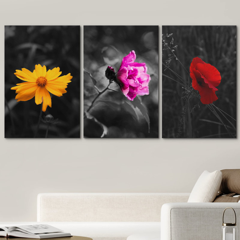 Touche de couleur fleurs sur fond noir et blanc, décoration murale moderne, Toile tendue, H 24 po x l 48 po