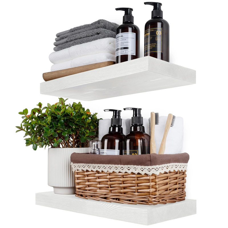 Solid Wood Floating Shelves，Rustic Wooden Wall Shelves, White, 1.25" H x 18" W x 6.7" D