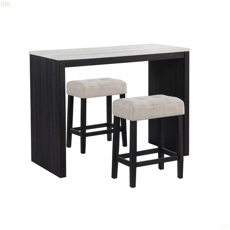 Ensemble de bar 3 pièces à hauteur de comptoir en faux marbre noir / beige, tabouret de siège capitonné avec repose-pieds, ensemble de bar de style contemporain