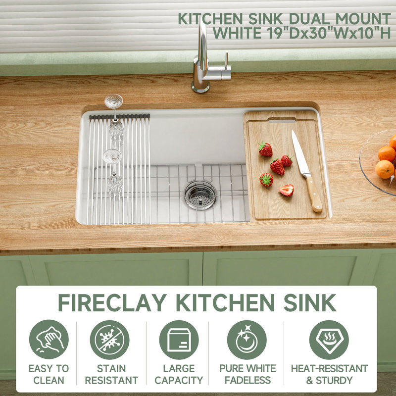 30" L x 19" W Fireclay Undermount Workstation Kitchen Sink, Drop-in Kitchen Sink White Single Bowl, Dual Mount, Included 4 Custom Accessories