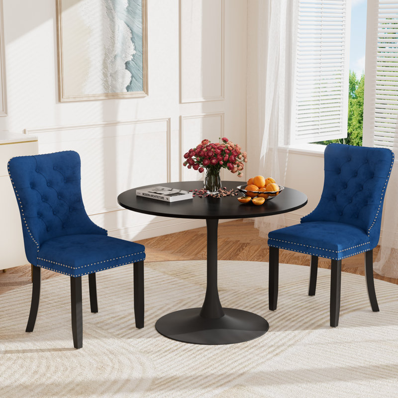 Round Pedestal Dining Set with 2 chairs, Blue, Black/Black