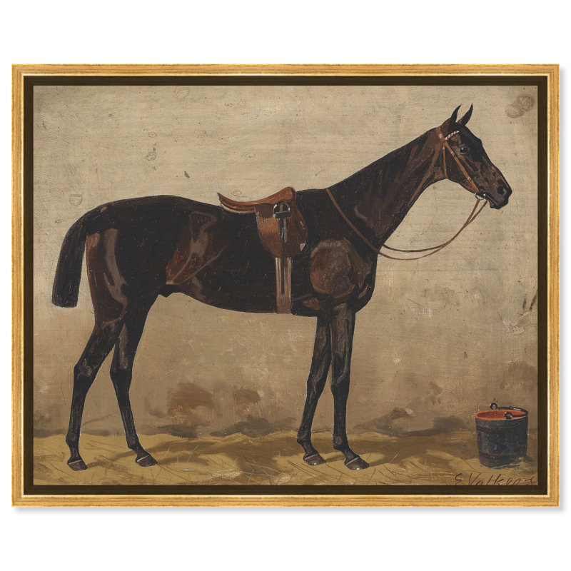 Brauner Im Stall Farm Animals by Emil Volkers - on Canvas, Gold Framed Canvas, 30" H x 36" W