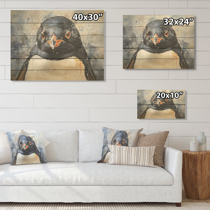 Portraits de pingouins curieux - art sur bois de pin naturel, H 10 po x l 20 po