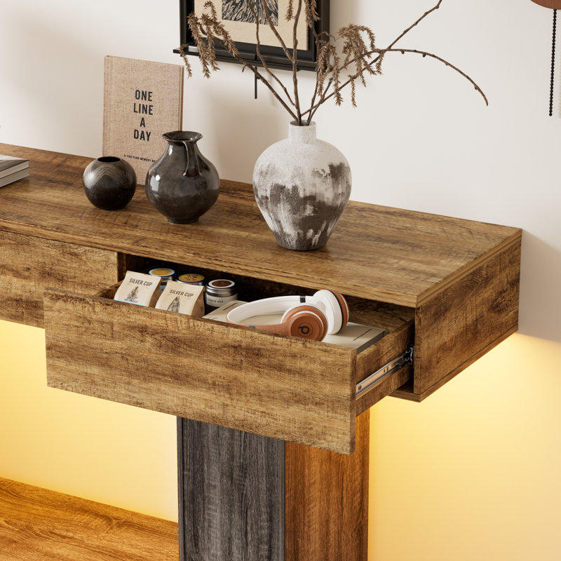 Console 63 po en bois de style campagnard avec tiroirs et compartiment de rangement caché, longue table d'entrée avec lumières à DEL pour salon, couloir, vestibule