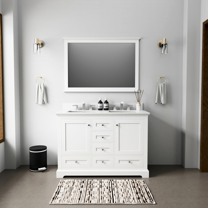 48 po Large meuble-lavabo double blanc, profondeur 22, surface en quartz, miroir de pièce 46 po x P P, comptoir, carré, Blanc