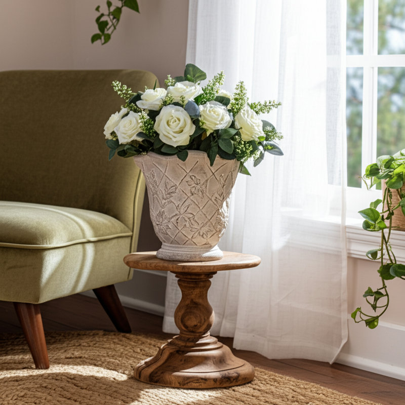 Jardinière en terre cuite à motif floral en relief avec texture antique pour la maison et le jardin - Brun clair 9 po