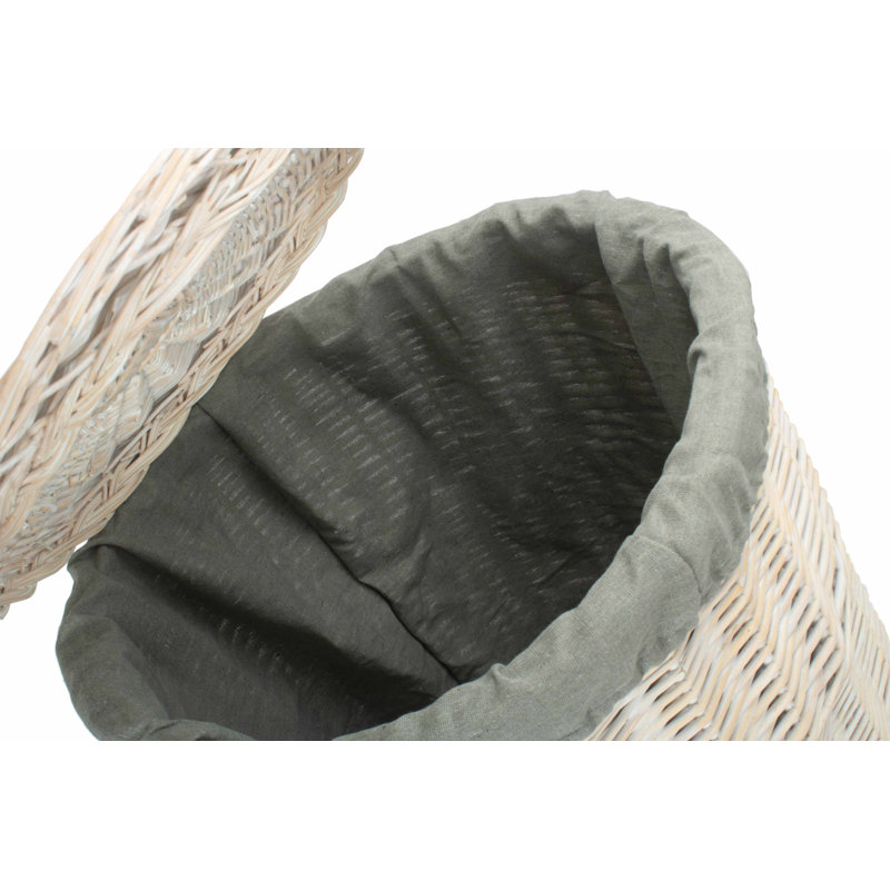 Wicker Round Laundry Hamper Basket with Lining, 60cm H x 46cm W x 46cm D, White Wash/Grey