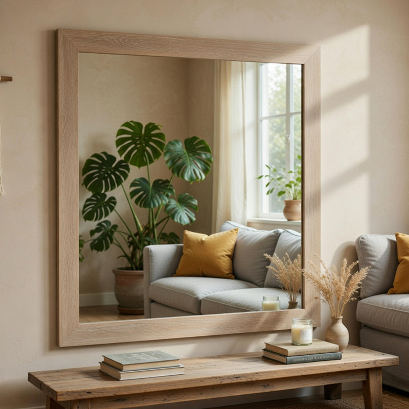 Miroir de commode Asmi, conception encadrée, bois gris chêne vieilli, moderne 37 x 39