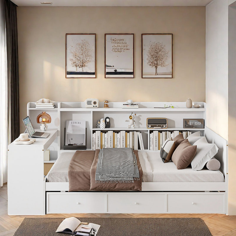 Wooden Daybed With 3 Drawers, Usb Ports And Desk, Full/Double, White
