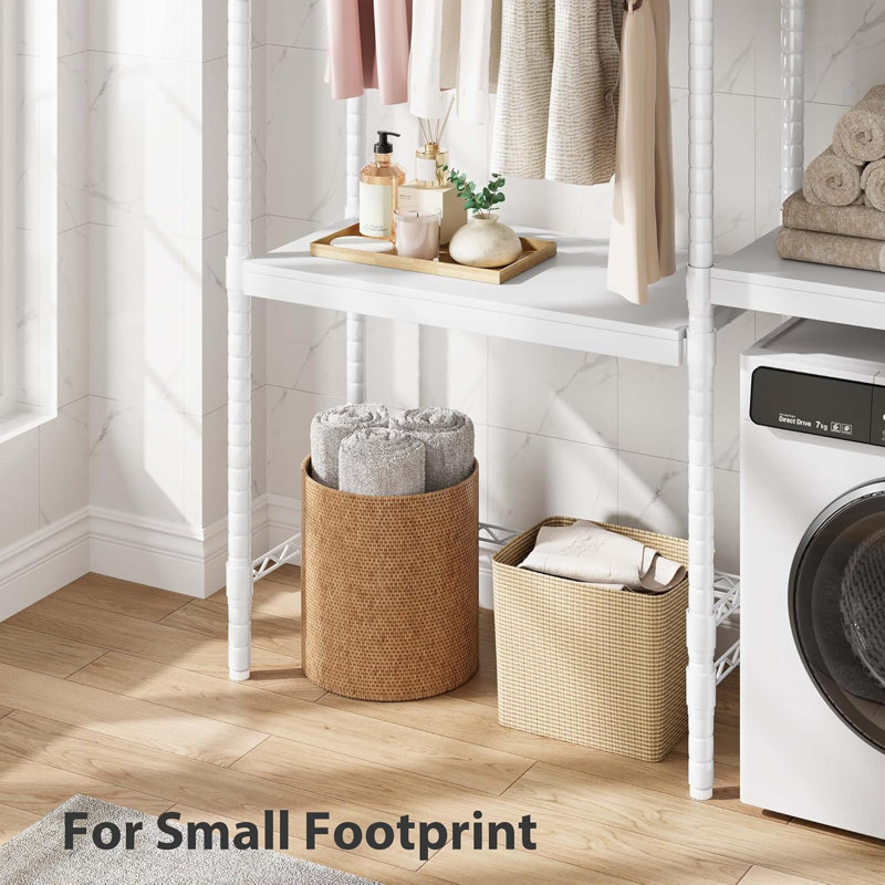 Laundry Room Organization And Storage, 5 Tier Wood Over The Washer And Dryer Storage Shelf With Drying Clothes Racks, White