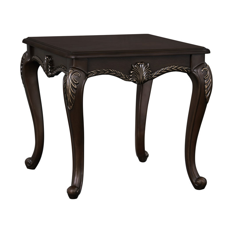 Élégante table de bout en cerisier avec détails à boutons, plateau en bois de 25 mm d'épaisseur, console à finition limitée au poids de 40 lb, structure intérieure et détails floraux complexes