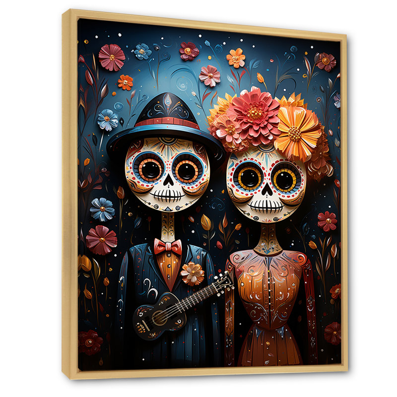 Art mexicain, Jour des Morts 1 - Art mural mexicain, Cadre flottant brun, H 32 po x l 24 po