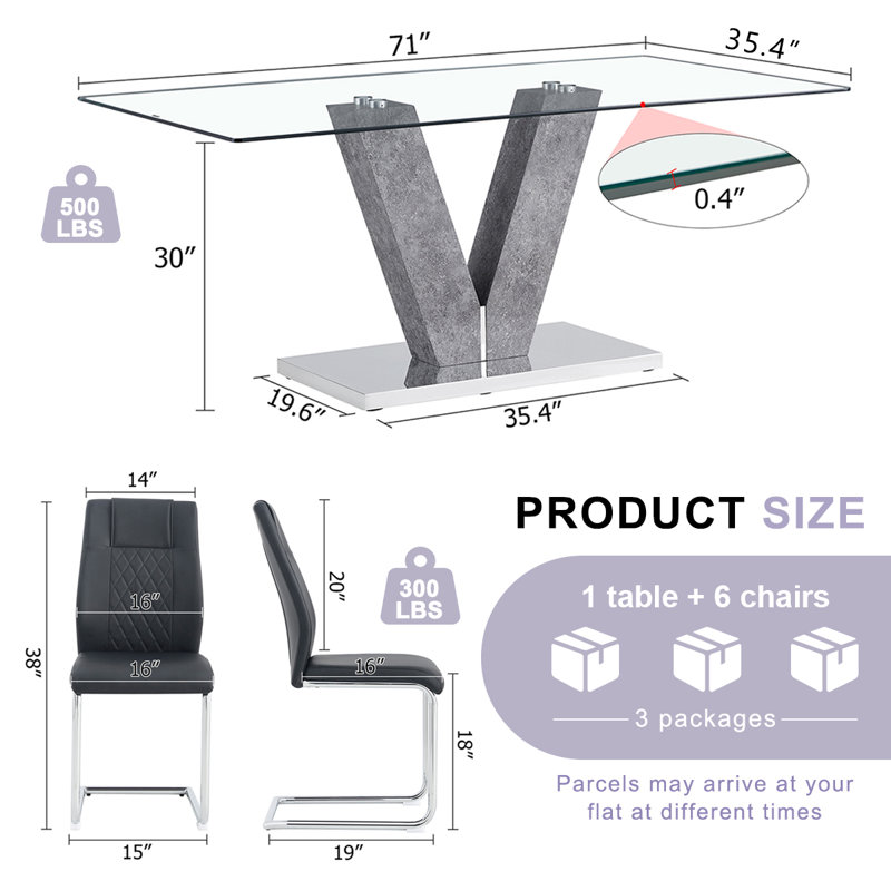71″ Modern Glass Dining Table Set for 6–8 – Tempered Glass Dining Table with PU Leather Chairs, Stylish Kitchen & Dining Room Set