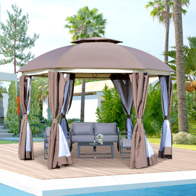 12' X 12' Round Outdoor Gazebo, Patio Dome Gazebo Canopy Shelter With Double Roof, Netting Sidewalls And Curtains, Zippered Doors, Strong Steel Frame, Brown