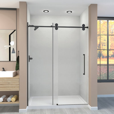 Porte de douche de grange coulissante sans cadre, verre transparent de 3/8 po, 59 po de largeur x 80 po de hauteur, par Transolide Teegan Plus