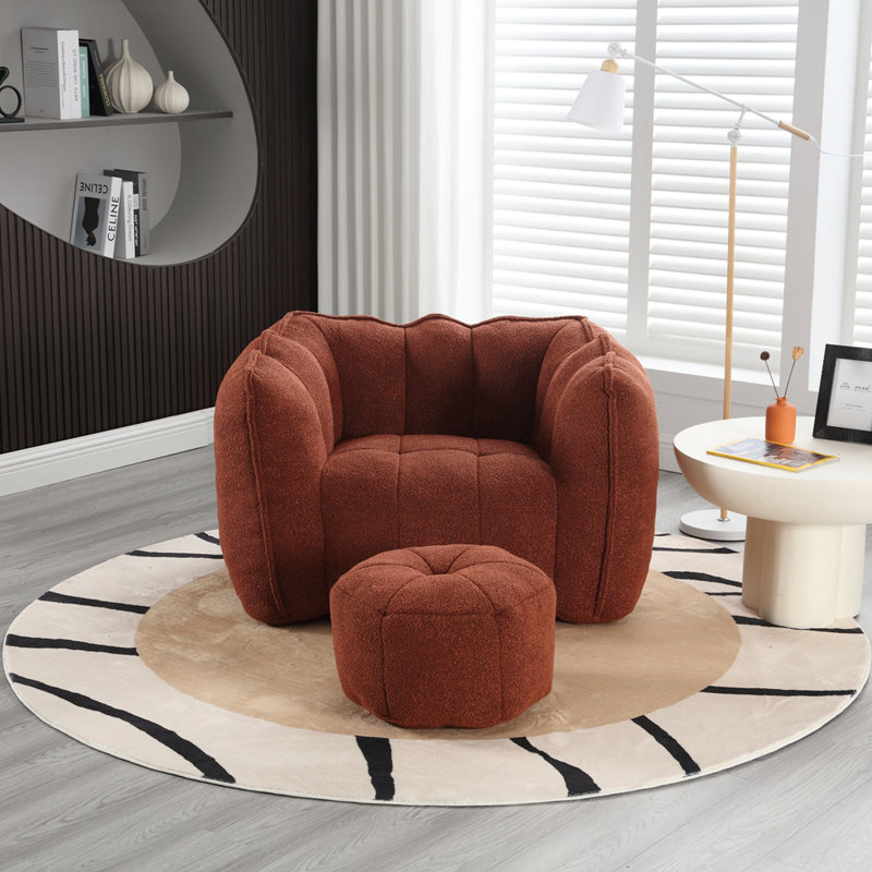 Fauteuil à billes avec repose-pieds Lazy, Chenille brun-rouge