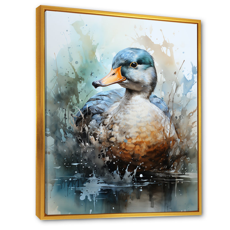 Canard bleu au bord du lac, H 32 po x l 24 po x P 1 po, Cadre flottant doré
