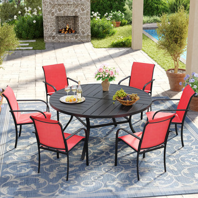 7-Pieces Round Patio Dining Set With Stackable PVC-coated polyester Chairs