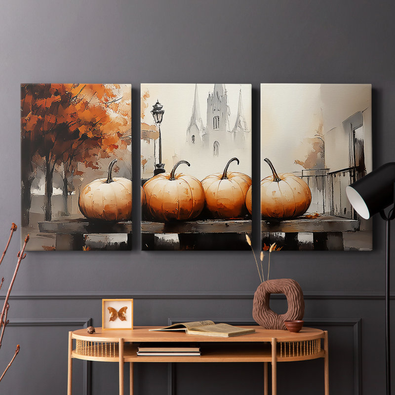 Automne citrouilles d'automne sur un banc avec un ensemble d'églises en toile 3 pièces