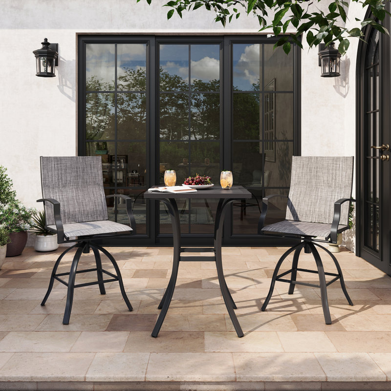 Patio Bar Dining Set With Square Bar Table And Armrest Bar Height Chairs (Set Of 3), Light Gray/Black
