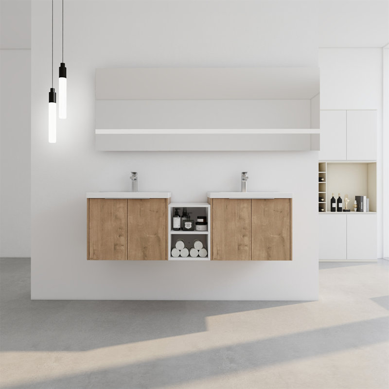 Meuble-lavabo à fermeture en douceur avec lavabo, Imitation chêne, 59"
