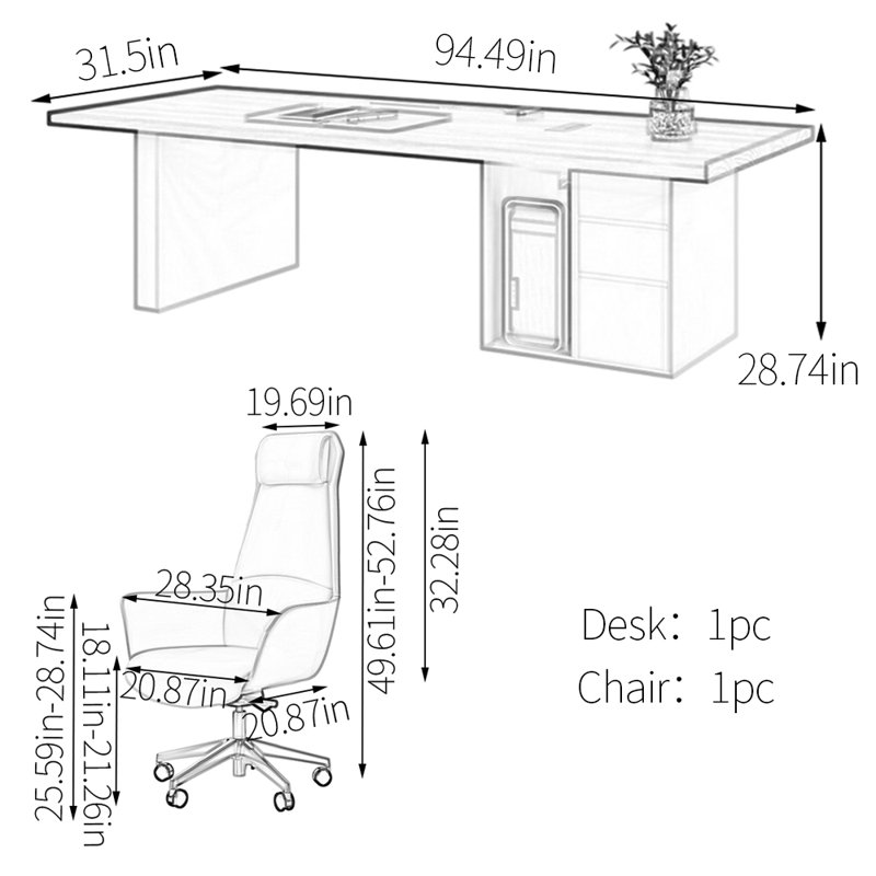 Bureau de qualité supérieure en noyer, H 28,74 po x l 94,49 po x P 31,5 po