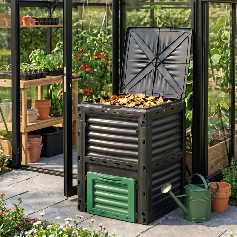 Bac à compost 80 gallons pour l'extérieur, boîte à composteur de grande capacité avec gants et système d'aération, matériau sans BPA
