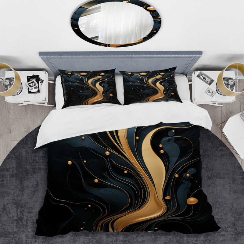 Ensemble de housse de couette abstrait noir et or doré, Housse de couette pour grand lit et 2 taies décor