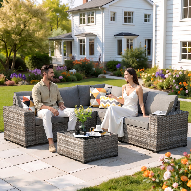 Baili 5 - Person Outdoor Wicker Sectional Seating Group with Cushions, Modern Modular Rattan Conversation Set, Patio Furniture Set with Wide Armrest