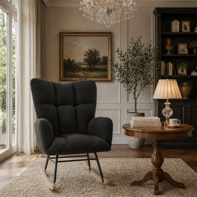 Glider Chair For Living Room Tufted Upholstered Teddy Fabric Rocking Chair With Metal Frame Accent Chair Dark Grey