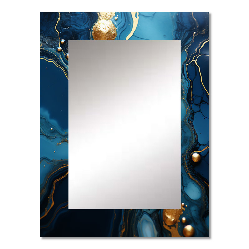 Or et mosaïque de marbre bleu saphir III - miroir unique abstrait, grand miroir mural moderne, art imprimé en métal
