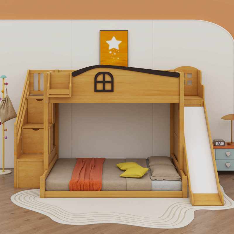 Twin Over Full Bunk Bed With Storage Staircase, Shelf, Slide And Wardrobe, Natural/Espresso
