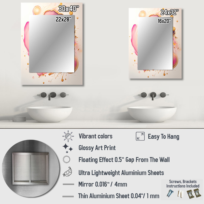Rose liquide tourbillon - abstrait spirales murales, miroir décoratif moderne, art imprimé en métal, 32 po x 24 po