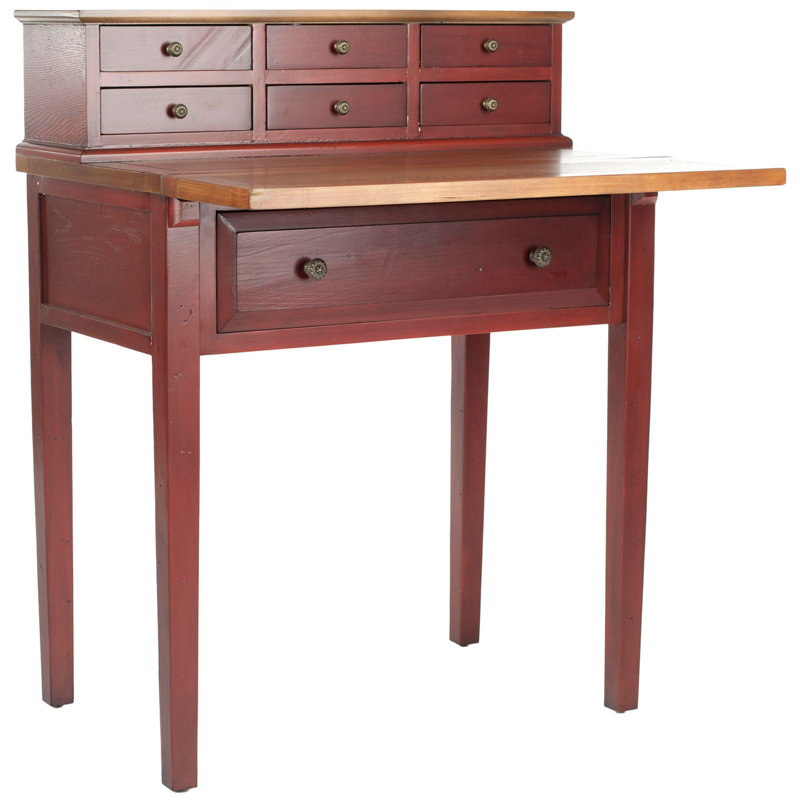 Bureau pliable 7 tiroirs Fazli, Rouge et chêne