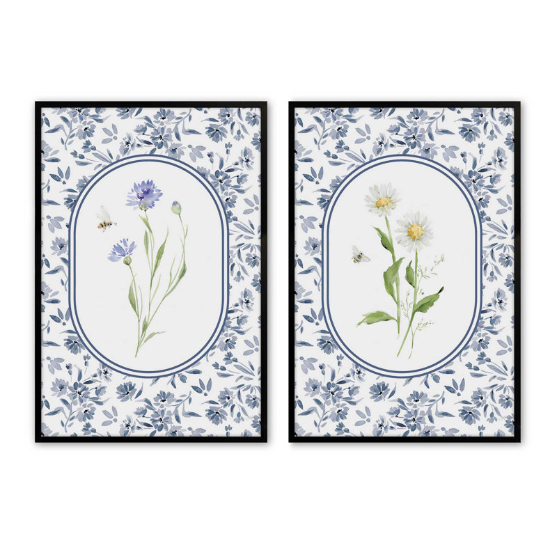 «Buzzing Blue Blooms», ensemble de 2 impressions, 30 po x 20 po, Impression encadrée, Noir satiné