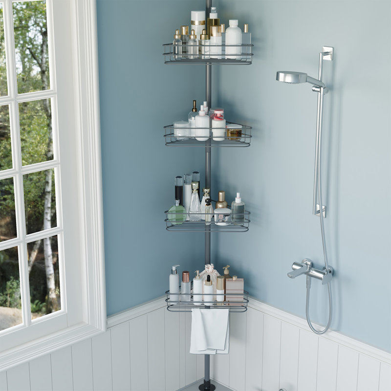 Barre de tension de coin pour chariot de douche, tablettes de rangement de salle de bain réglables de 76 po à 110 po, tablettes de salle de bain antirouille à 4 niveaux avec barres à serviettes intégrées pour économiser de l'espace, argent